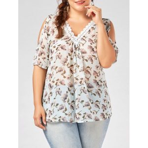 Plus Size Deep V Neck Chiffon Floral Top with Lace Trim - Light Blue