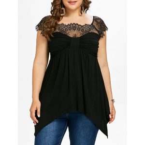 Plus Size Bow Bust Handkerchief T-shirt - Black