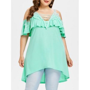 Plus Size Lace Lattice Flounce Blouse - Green