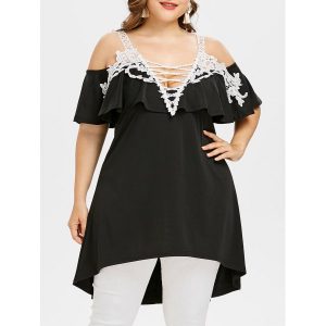 Plus Size Lace Lattice Flounce Blouse - Black