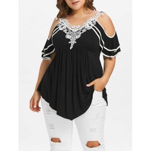 Plus Size Layered Cold Shoulder T-shirt - Black