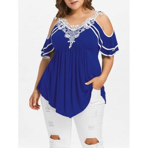 Plus Size Layered Cold Shoulder T-shirt - Blue