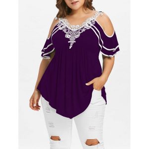 Plus Size Layered Cold Shoulder T-shirt - Purple