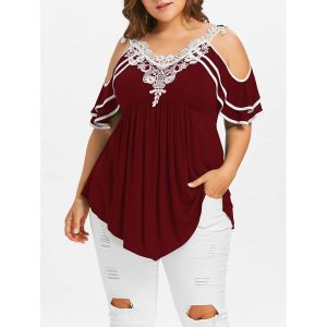 Plus Size Layered Cold Shoulder T-shirt - Wine Red