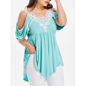 Plus Size Layered Cold Shoulder T-shirt - Black-Green