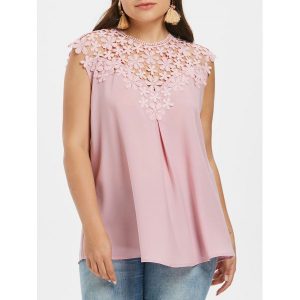 Lace Crochet Panel Plus Size Blouse - Light Pink