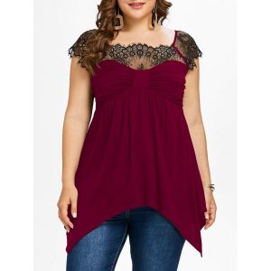 Plus Size Bow Bust Handkerchief T-shirt - Wine Red