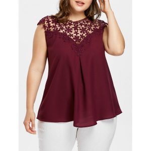 Lace Crochet Panel Plus Size Blouse - Wine Red