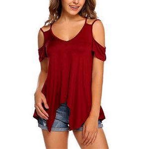 Off Shoulder Casual T-Shirts Pullover Sexy Tee - Red