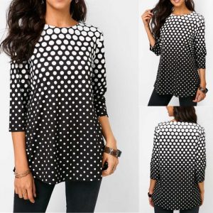 Women Fashion Sexy O-neck Polka Dot Print Half Sleeve Casual Plus Size Blouse - Black