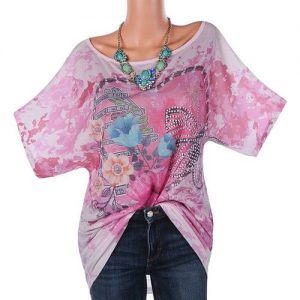 Auger Print T Shirt Casual Top Loose Blouse Plus Size - Pink