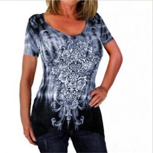 Fashion Casual Crewneck Short Sleeve Floral Print T-shirt - Purple