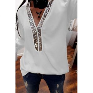 Fashion Glitter Sequins Tunic Shirt Shirt Sexy V-neck Women T-shirt - White