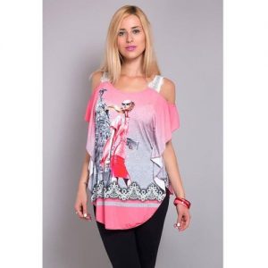 Women Fashion Sexy Off Shoulder Lotus Leaf Sleeve Print Short Sleeve T Shirt - Red