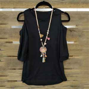 O Neck Short Sleeve Plus Size Casual Top Blouse - Black