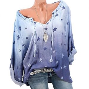 Long Sleeve Tee Shirt Stars Print Loose - Sky Blue