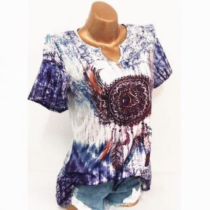 Fashion Women V Neck Shirts Print Short Sleeve Blouse Causal Tops Plus Size - Blue