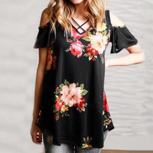 Off Shoulder Loose Pattern Print Short Sleeve Top - Black