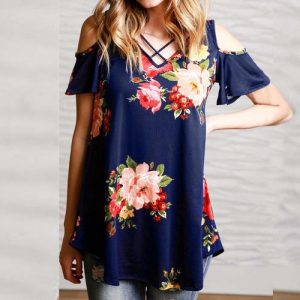 Off Shoulder Loose Pattern Print Short Sleeve Top - Blue