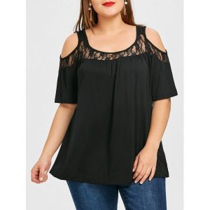 Cold Shoulder Lace Panel Plus Size Tee - Black