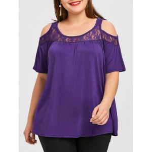 Cold Shoulder Lace Panel Plus Size Tee - Purple