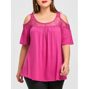 Cold Shoulder Lace Panel Plus Size Tee - Rose Red