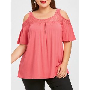 Cold Shoulder Lace Panel Plus Size Tee - Watermelon Red