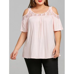 Cold Shoulder Lace Panel Plus Size Tee - Pink