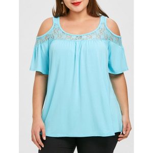 Cold Shoulder Lace Panel Plus Size Tee - Azure