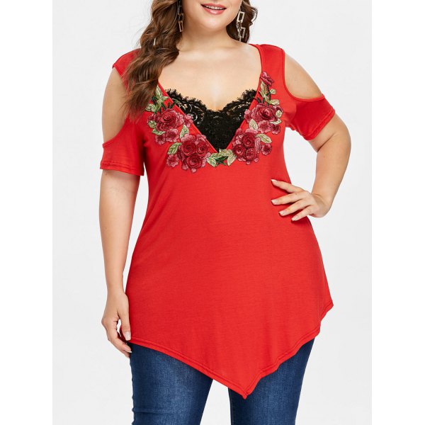 Plus Size Cold Shoulder Embroidery T-shirt - Red - Big and Sexy Sportswear