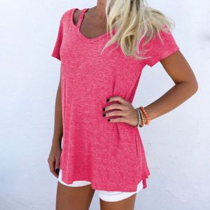 Sexy V-Neck Short Sleeve Casual Tee Shirts Solid Color Tops Plus Size - Rose Red