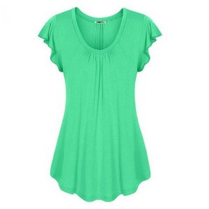 Sexy V-neck Short Sleeve Shirt Solid Color Loose Pleated Chiffon T-shirt Tops - Green