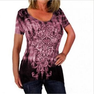 Fashion Casual Crewneck Short Sleeve Floral Print T-shirt - Pink