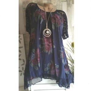 Women's Plus Size Loose O-neck Lace Hollow Short Sleeve Tops - Navy Blue