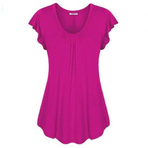 Sexy V-neck Short Sleeve Shirt Solid Color Loose Pleated Chiffon T-shirt Tops - Rose