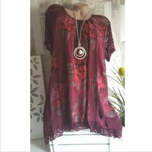 Women's Plus Size Loose O-neck Lace Hollow Short Sleeve Tops - Red