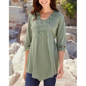 Lace Patchwork Chiffon Blouse Half Sleeve Casual Pure Color Shirts - Green