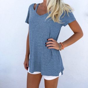 Sexy V-Neck Short Sleeve Casual Tee Shirts Solid Color Tops Plus Size - Denim Blue