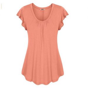 Sexy V-neck Short Sleeve Shirt Solid Color Loose Pleated Chiffon T-shirt Tops - Orange