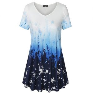 V Neck Short Sleeve A Line Curved Hem Tie Dye Business Casual Dressy Tunic Blouse - Blue