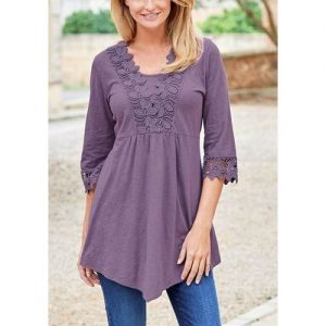 Lace Patchwork Chiffon Blouse Half Sleeve Casual Pure Color Shirts - Purple