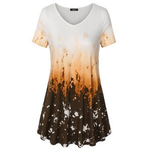 V Neck Short Sleeve A Line Curved Hem Tie Dye Business Casual Dressy Tunic Blouse - Brown