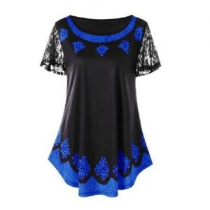 Plus Size Womens Clothing Printing Lace Splice Short Sleeve Loose T-shirt - Blue