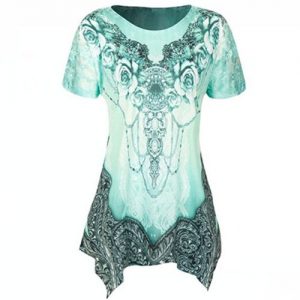 Plus Size Women Summer O-neck Short Sleeve Printed Loose Irregular Hem T-shirt - Green