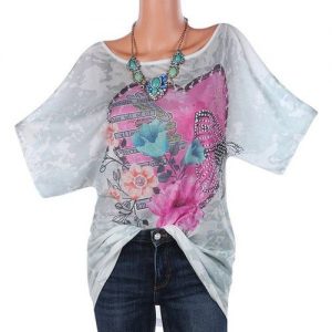 Auger Print T Shirt Casual Top Loose Blouse Plus Size - Gray