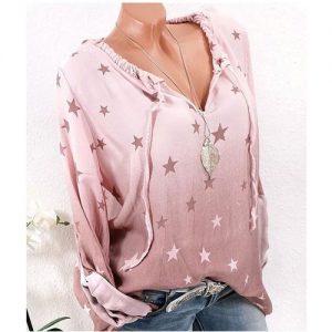 Long Sleeve Tee Shirt Stars Print Loose - Pink