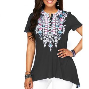 Women Short Sleeve Print Plus Size T Shirt Casual - Black