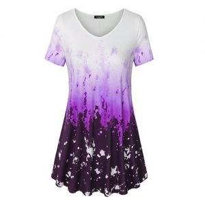 V Neck Short Sleeve A Line Curved Hem Tie Dye Business Casual Dressy Tunic Blouse - Purple