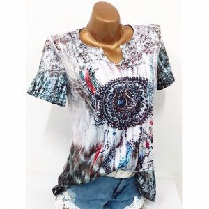 Fashion Women V Neck Shirts Print Short Sleeve Blouse Causal Tops Plus Size - Green