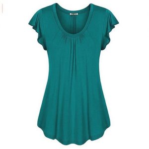 Sexy V-neck Short Sleeve Shirt Solid Color Loose Pleated Chiffon T-shirt Tops - Peacock Blue